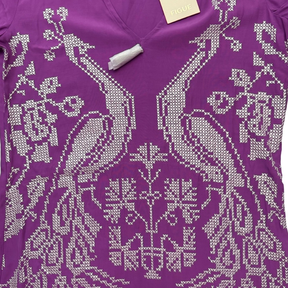 NEW Figue Dress Kaftan XS Purple Peacock Embroidered Maxi Spring Wedding Guest - Picture 10 of 14
